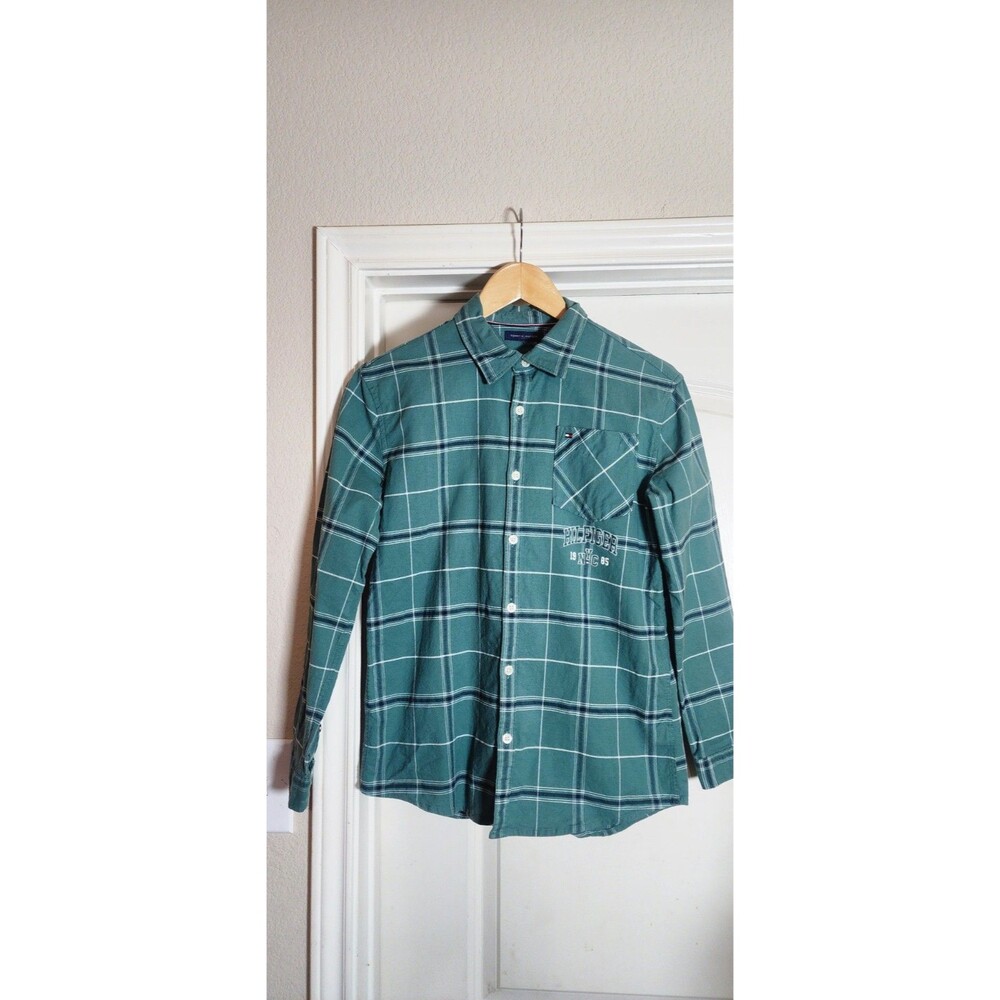 Tommy Hilfiger Long Sleeve Button Up Shirt Boys Large Green White Plaid Check